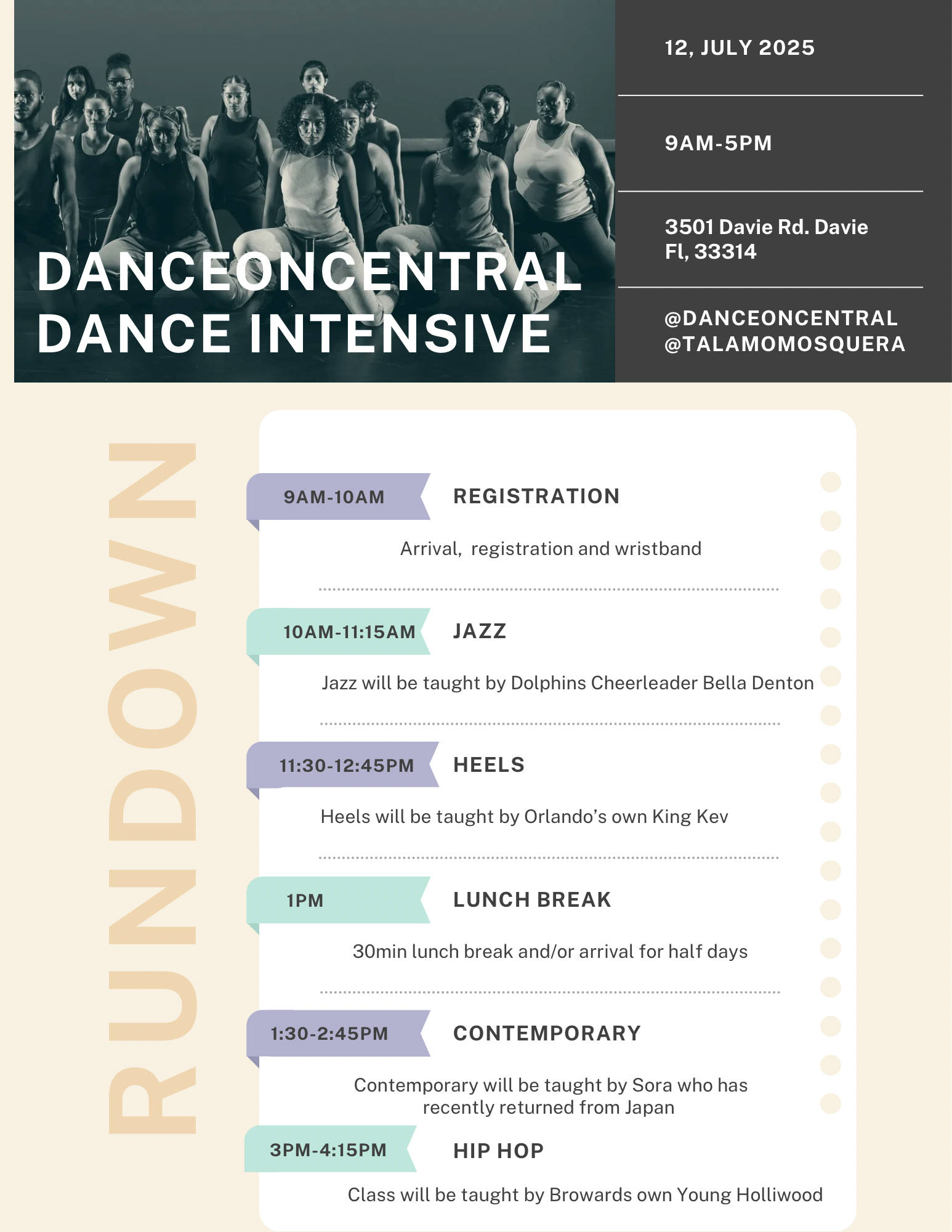 Flyer for Dance Intensive shows the day's schedule: Registration 9 a.m.-10 a.m.; Jazz 10 a.m.-11:15 a.m.; Heels 11:30 a.m.-12:45 p.m.; Lunch Break 1 p.m.; Contemporary 1:30 p.m.-2:45 p.m.; Hip-hop 3 p.m.-4:15 p.m.